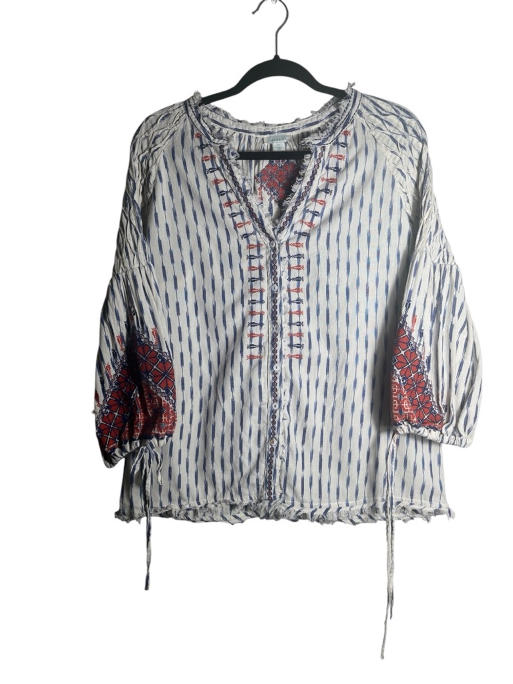 Sundance White and Navy Striped Peasant Blouse with Red Patchwork Accents
